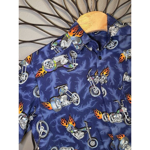 Hawaiian Shirt Motorcycle Pattern HiP Hop  traveling Motto fire up Mens  XL Blue - Picture 3 of 9